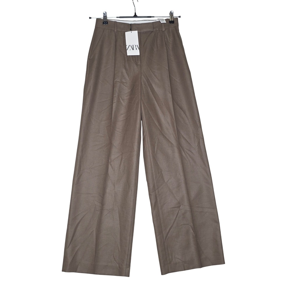 Zara Brown Textured High Waisted WideLeg Pleated Trousers Pants SzSm NWT Office